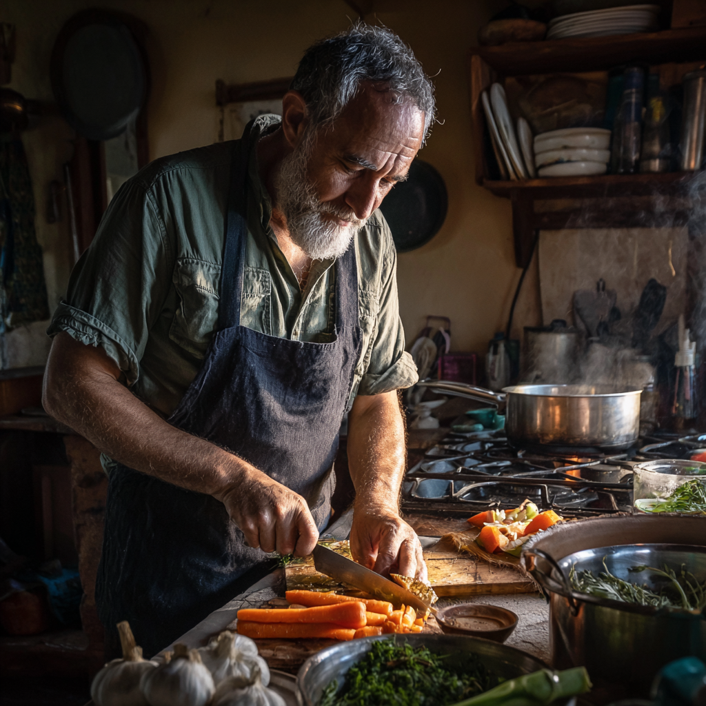 Мъж на 58 години готви здравословна храна в кухнята си
